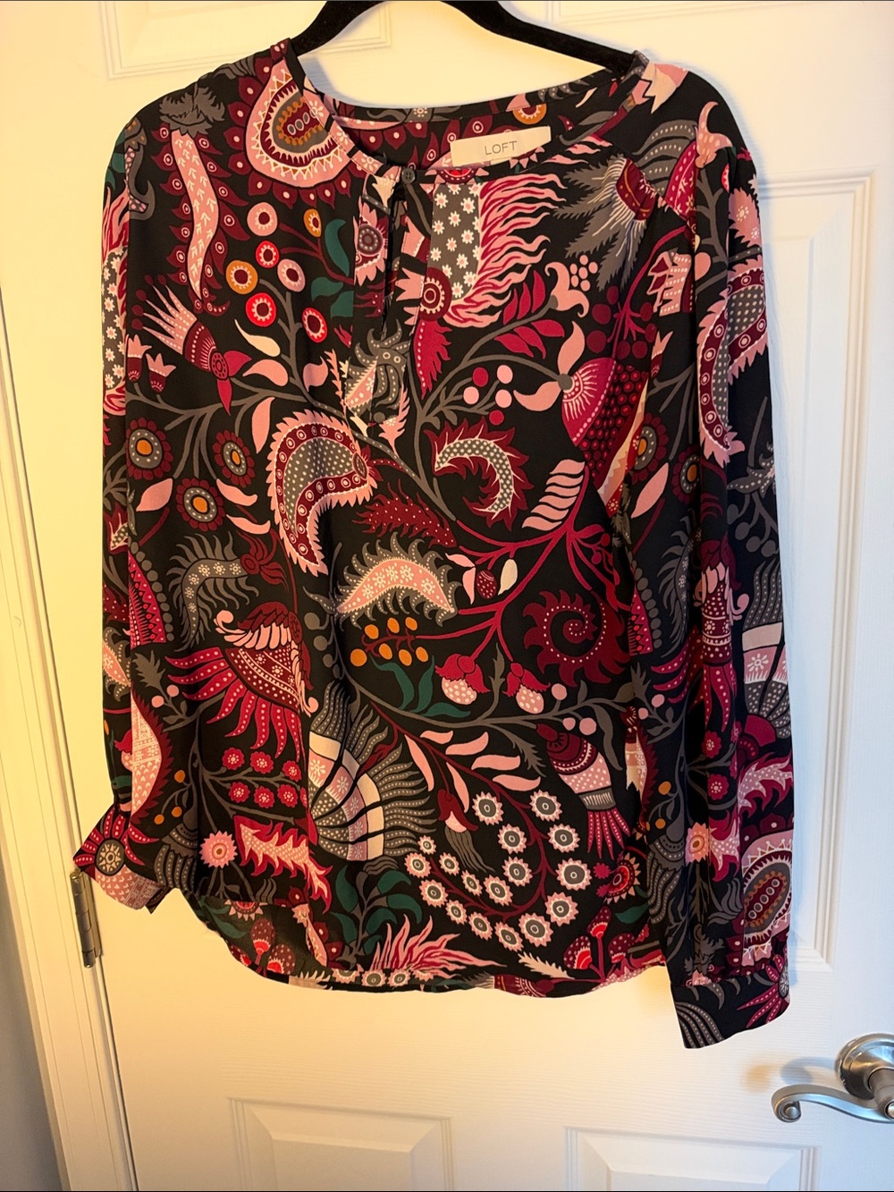LOFT Black Floral Paisley Long-Sleeve Blouse with Pink Accents